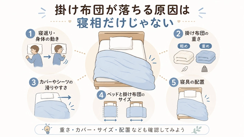 掛け布団が落ちる原因を5つに整理した図