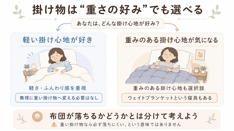 一般的な軽い掛け物とウェイトブランケットの「選ぶ理由」の違いを整理する図