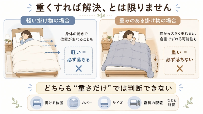「軽い=落ちる/重い=落ちない、ではない」と誤解を防ぐ図