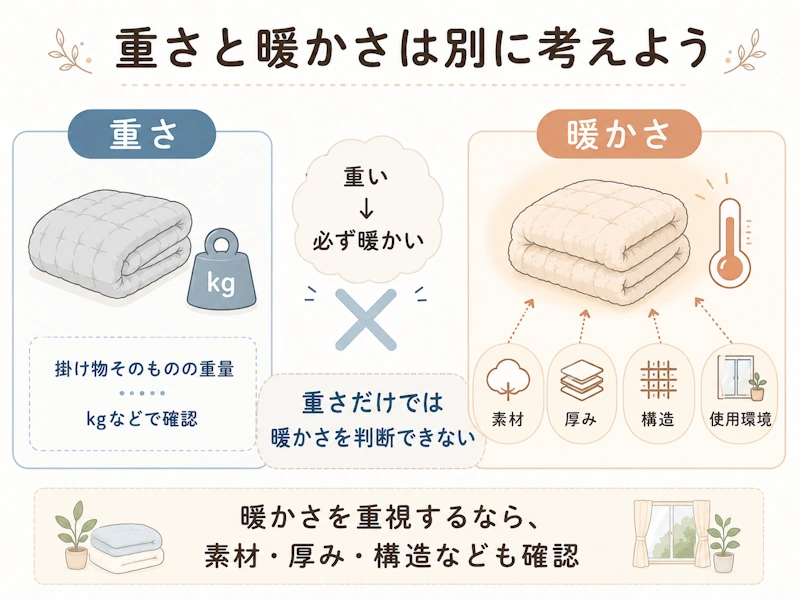 「重さ」と「暖かさ」は別の要素であることを示す図解
