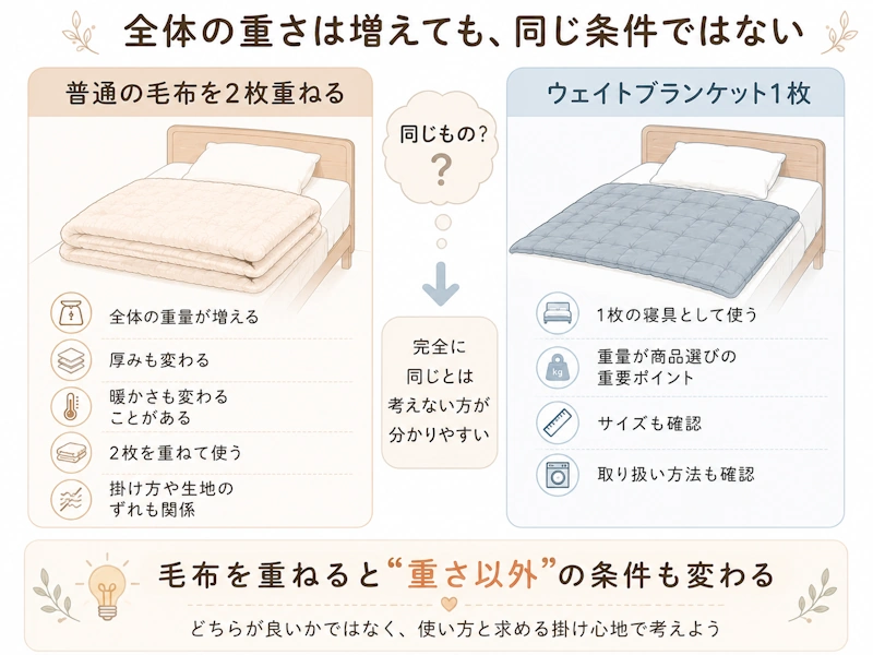 普通の毛布を重ねる場合とウェイトブランケット1枚の違いを示す図解