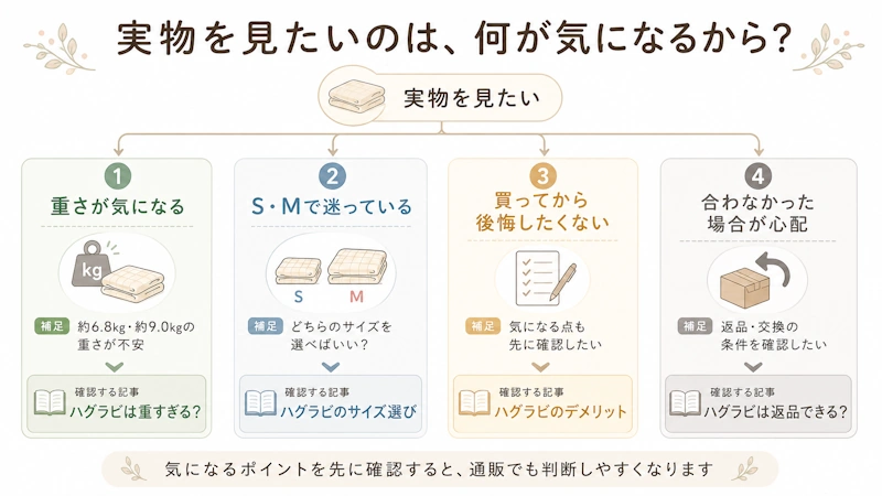 「実物を見たい理由」から関連記事へ分岐する案内図