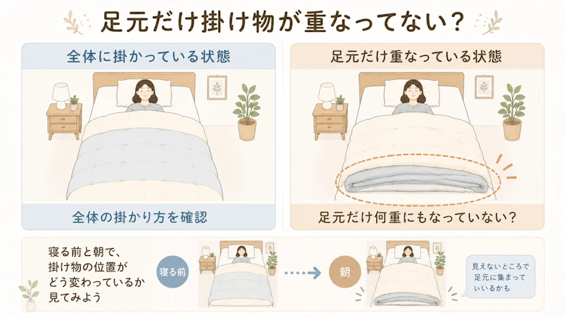 掛け物が均等な状態と、足元だけ重なって厚くなっている状態の比較図