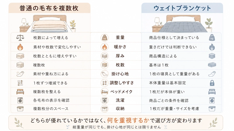 普通毛布を複数枚とウェイトブランケットの比較図