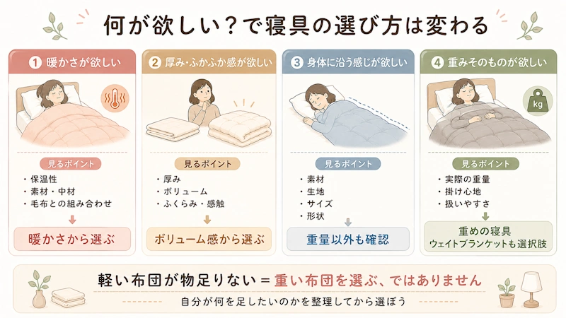 「欲しいもの」別の寝具選び整理図