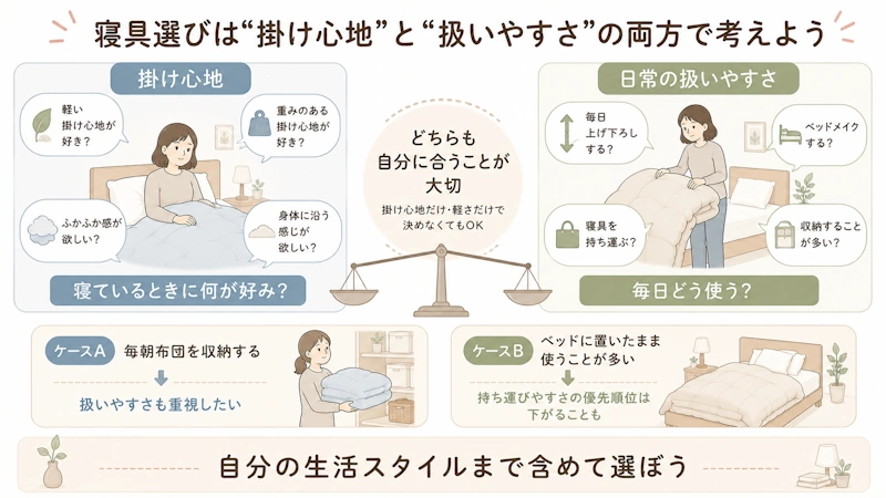 「掛け心地」と「日常の扱いやすさ」の2軸で寝具選びを考えるイラスト