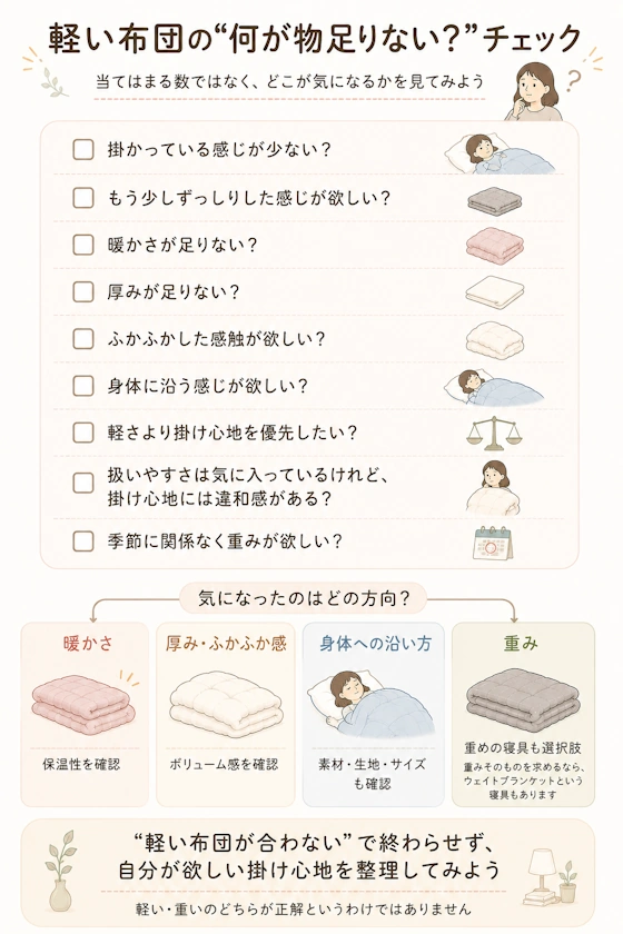 「軽い布団の何が物足りない？」セルフチェック図解