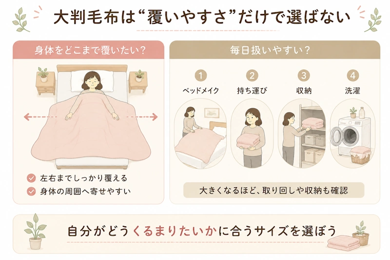 大判毛布を選ぶときに「身体を覆う範囲」と「扱いやすさ」の両方を見ることが分かるイラスト図解