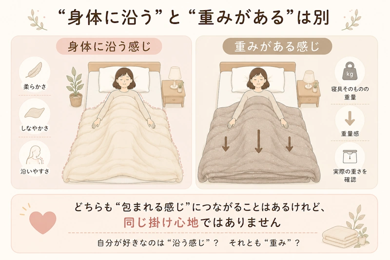 「沿う」と「重い」を混同しないための対比図
